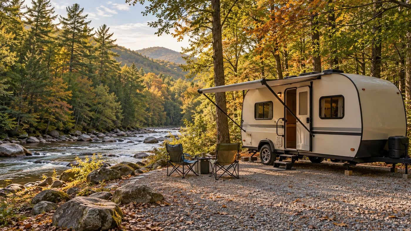 Illustration of a travel trailer at a wooded riverside campsite